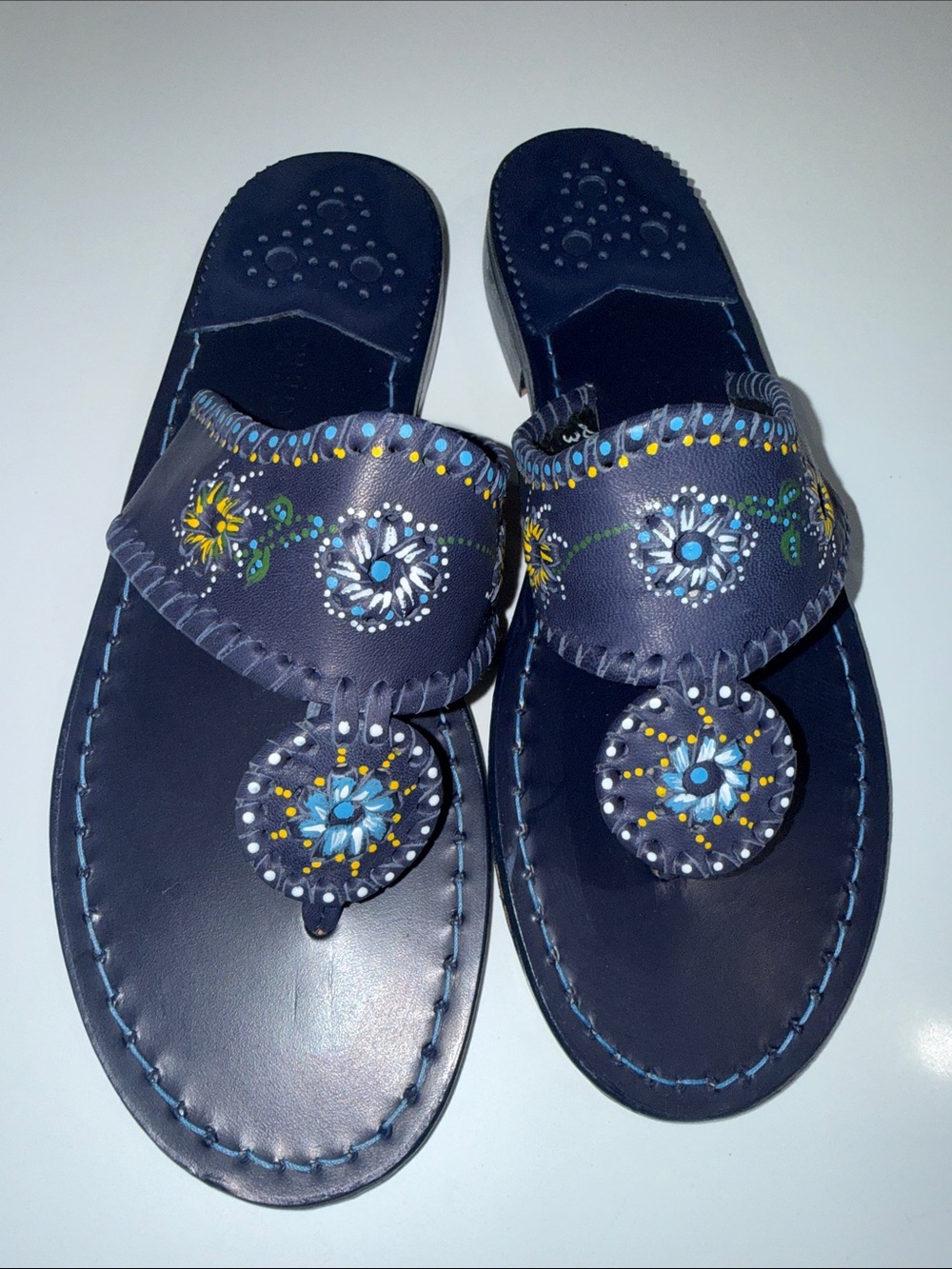NEW- Jack Rogers Navy Embroidered Toe-Post Sandals with Multicolor Medallions
